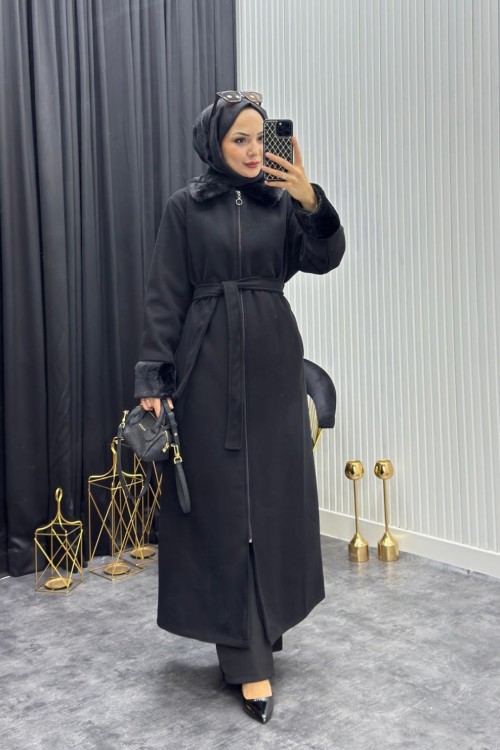 ️Kürklü Kaban Siyah Siyah