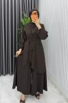 Acı Kahve Manolya Bol Pantolonlu Tesettür Takım Kemerli Double Krep Kumaş