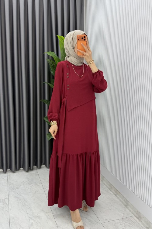 Bordo Ceyşan Elbise Premium Seri Tam Boy Tesettür Giyim