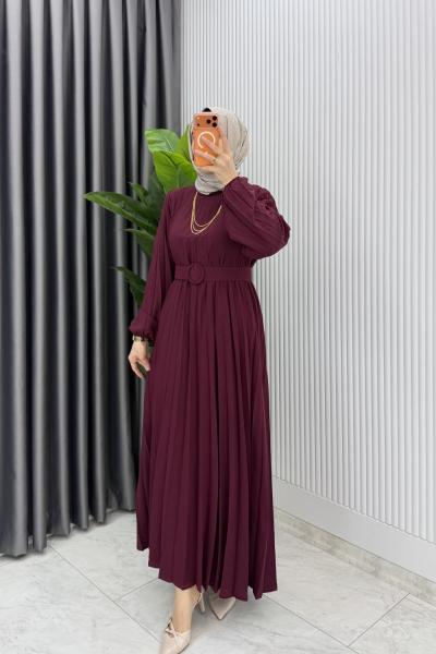 Bordo Hifa Piliseli Elbise Tesettür Giyim