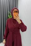 Bordo Manolya Bol Pantolonlu Tesettür Takım Kemerli Double Krep Kumaş