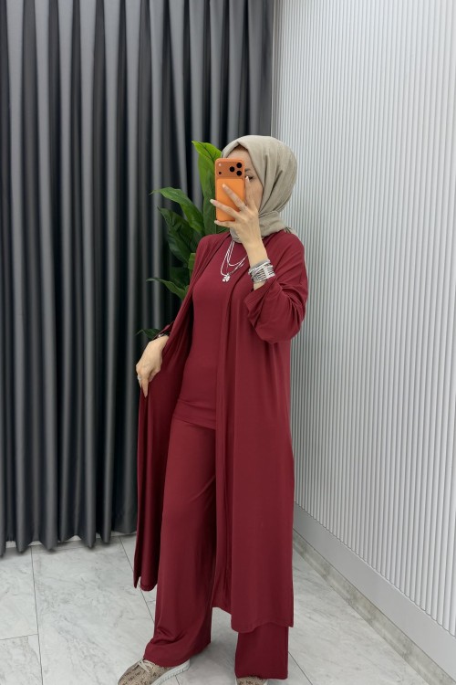 Bordo Sevgi Takım Üçlü Tam Boy İçlik Hırka Ve Pantolon Tesettür Giyim