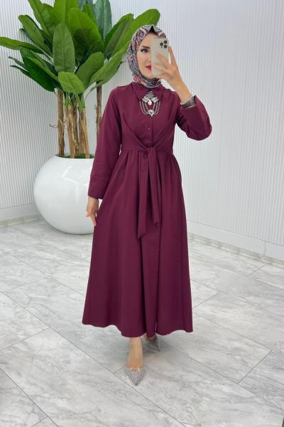 Bordo Terikoton Elbise Tesettür Giyim
