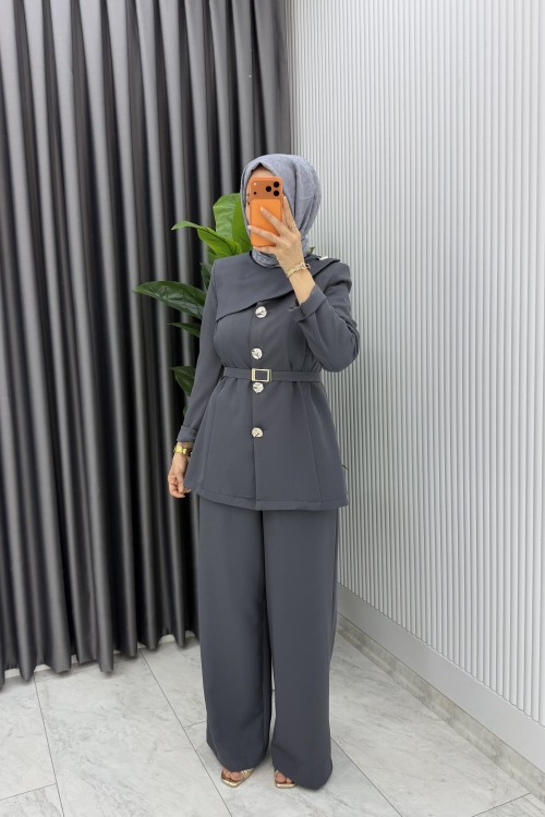 Füme Zerya Ceket Takım Premium Seri Kemerli Tesettür Giyim Double Krep Plazzo Uzun Pantolon