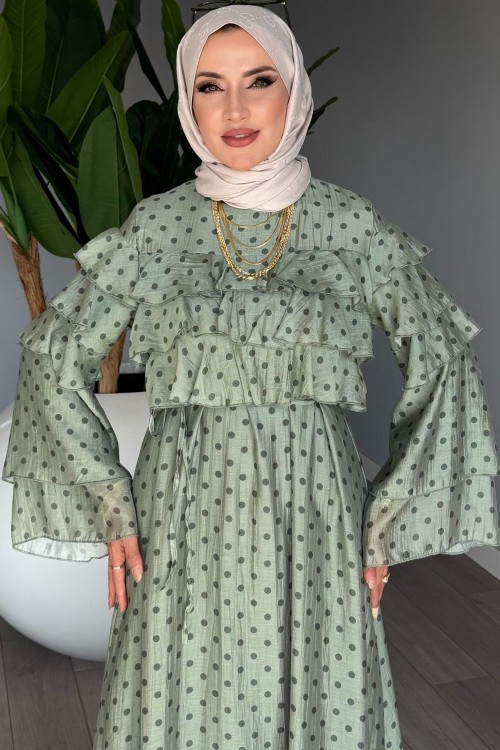 Haki Puantiyeli Tensel Tül Kumaş Premium Seri Tesettür Giyim