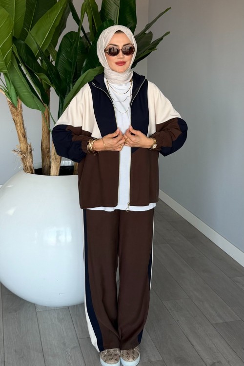 Kahve Başak Takım Genç Kadın Fermuarlı Spor Premium Seri Modal Kumaş Tesettür Giyim