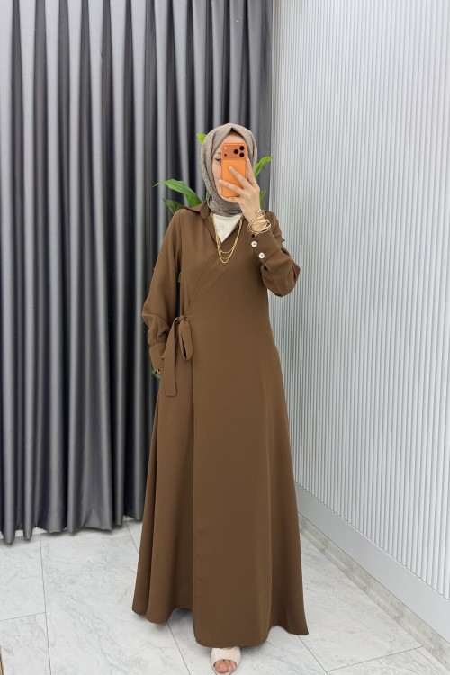 Kahve Eflal Bağlamalı Ferace  Premium Seri Tesettür Giyim