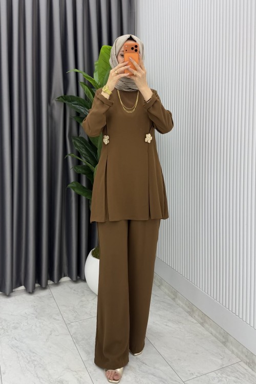 Kahve Kardelen Premium Seri Krep Pantolnlu Takım Tesettür Giyim