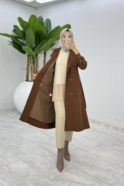Kahve Premium Astarlı Eylem Trench Tesettür Giyim