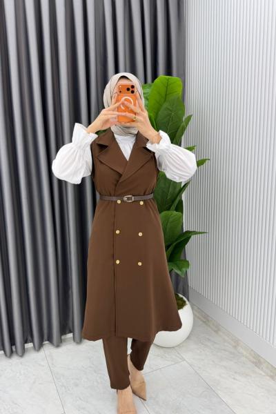 Kahve Tuğba Kemerli Yelek Takım Tesettür Giyim