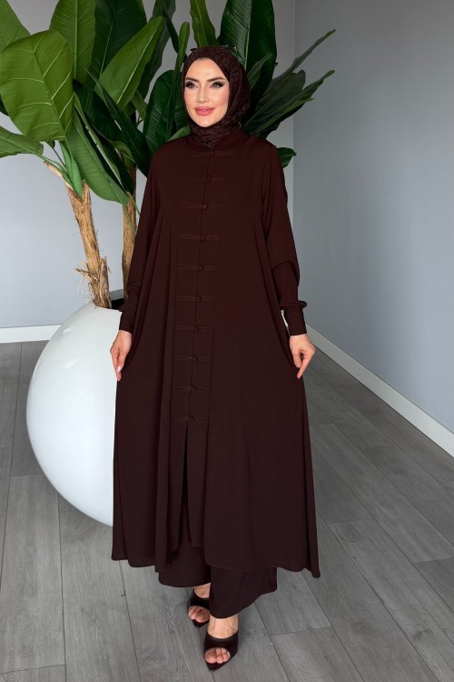 Kahverengi Kayra Takım Medine İpeği Kumaş Tesettür Giyim Premium Seri