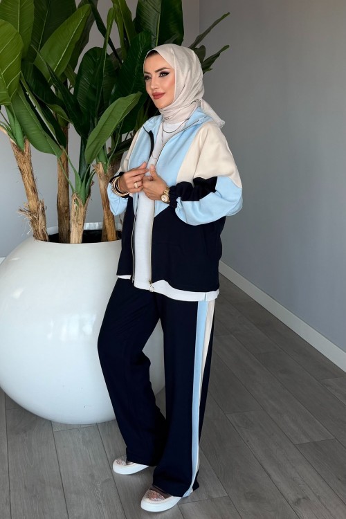 Lacivert Başak Takım Genç Kadın Fermuarlı Spor Premium Seri Modal Kumaş Tesettür Giyim