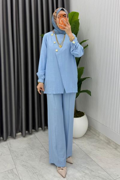 Mavi Premium Kemerli Gözde Takım Tesettür Giyim