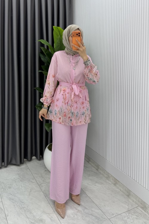 Pembe Çiçek Takım Kuşaklı Özel Seri Tam Boy Pantolon Tesettür Giyim
