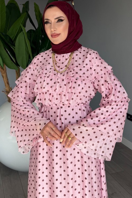Pembe Puantiyeli Tensel Tül Kumaş Premium Seri Tesettür Giyim