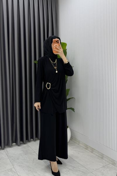 Siyah Figen Pantolon Takım Tesettür Giyim