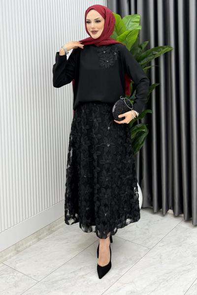 Siyah Orkide Etek Takım Tesettür Giyim