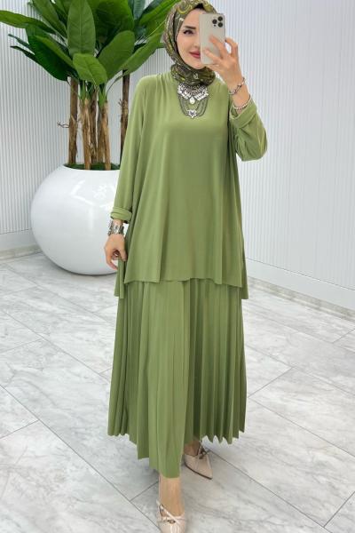 Soft Yeşil Şermin Etek Takım Tesettür Giyim