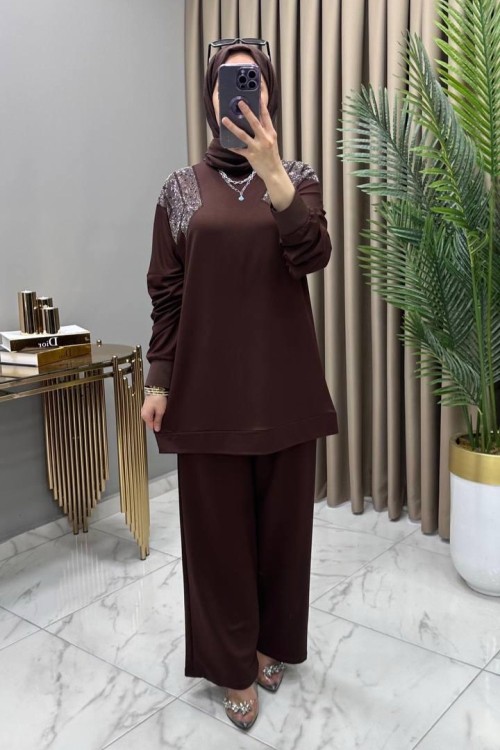 Gizem Taşlı Takım Kahve Kahverengi