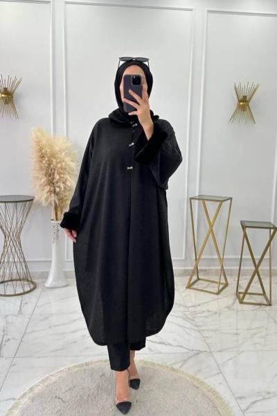 Kürklü Panço Pelerin Siyah