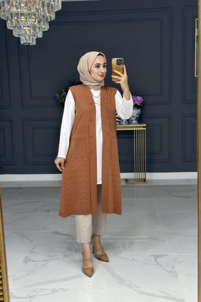 heidi triko uzun yelek - taba