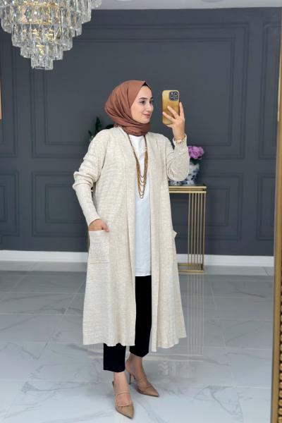 Nefes Uzun Triko Hırka - Bej