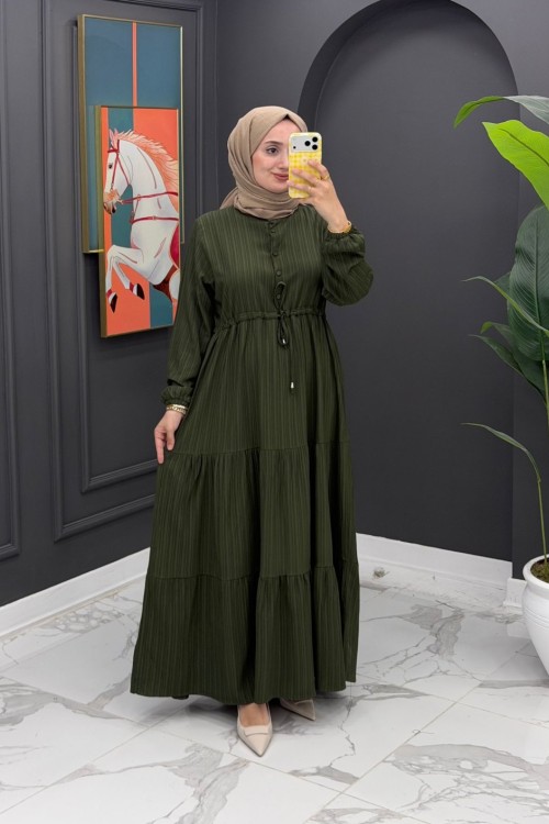 Simge Beli İpli Elbise-Haki