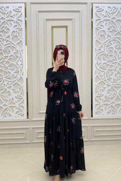 Aker Tesettür Nakışlı Şifon Elbise Siyah