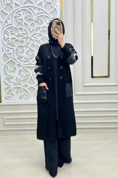 Çiçek Deri Triko Hırka