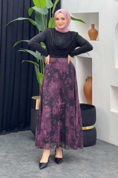 Gül Detaylı Şifon Etek