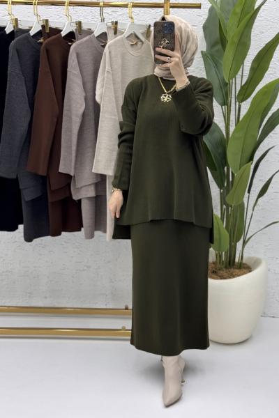 Asel Etekli Takım Tesettür Giyim  Haki