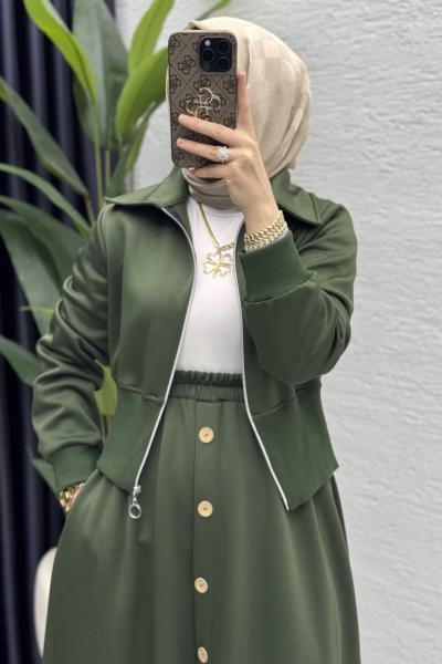 Dilruba Etekli Takım Tesettür Giyim  Haki