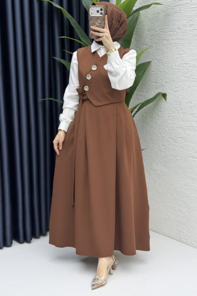 Lalezar Etekli Takım Tesettür Giyim  Kahve