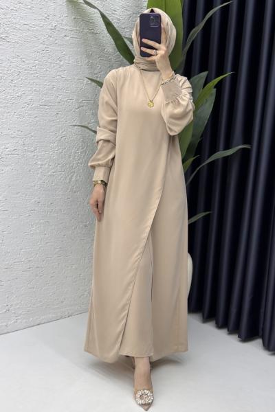 Neslişah Pantalonlu Takım Tesettür Giyim  Taş Rengi