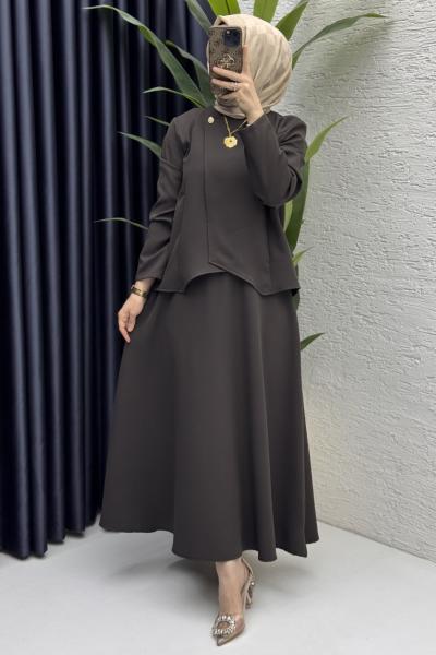 Pera Etekli Takım Tesettür Giyim  Acı Kahve