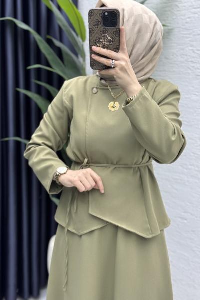 Pera Etekli Takım Tesettür Giyim  Açık Haki