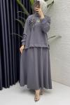 Simla Etekli Takım Tesettür Giyim  Gri