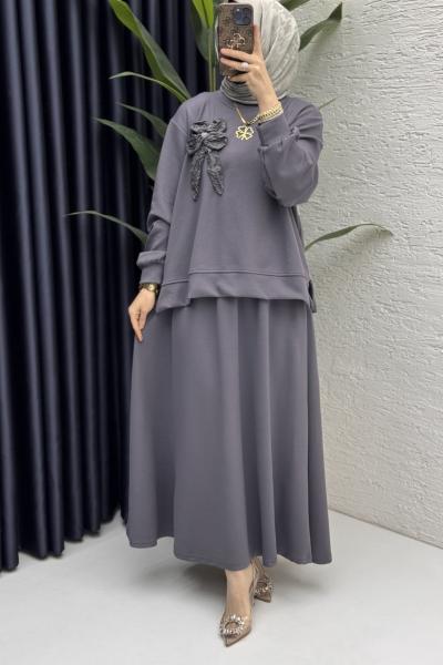 Simla Etekli Takım Tesettür Giyim  Gri