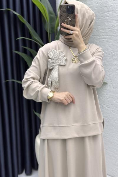 Simla Etekli Takım Tesettür Giyim  Taş Rengi