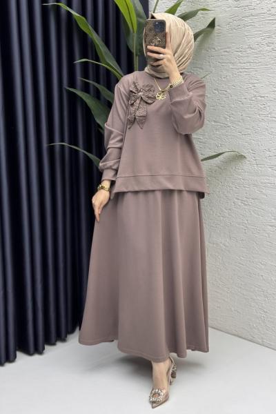 Simla Etekli Takım Tesettür Giyim  Vizon