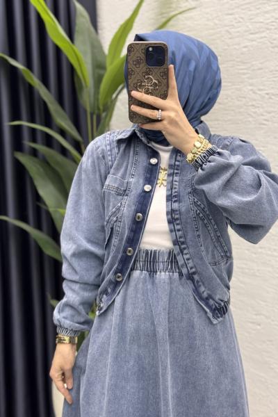 Yasemen Kot Etekli Takım Tesettür Giyim  Açık Mavi