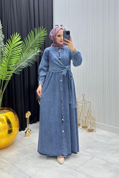 Bağlamalı Kot Elbise Mavi Mavi