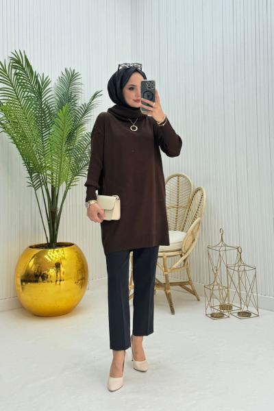 Ceylin Tesettür Triko Tunik Kahverengi  Kahverengi
