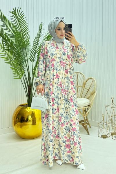 Çiçekli Tesettür Elbise Gri Gri