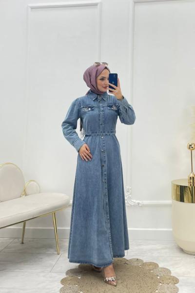 Deniz Tesettür Kot Elbise Mavi Mavi
