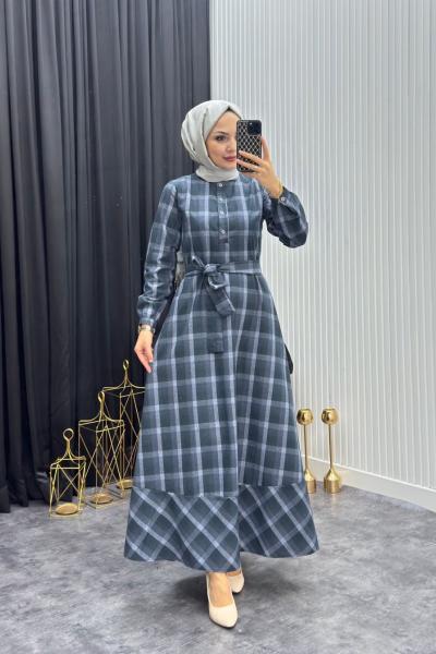 Ekose Elbise Mavi Mavi