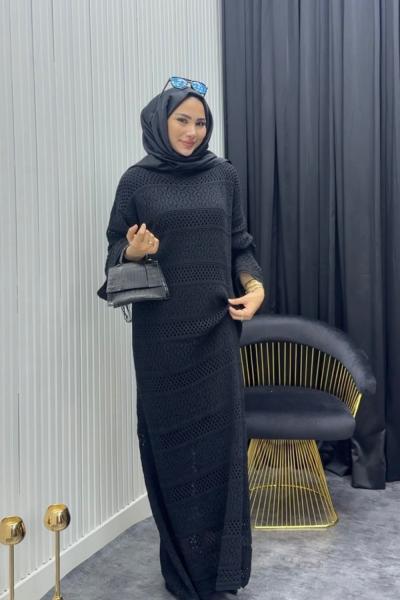 File Detay Elbise Siyah Siyah