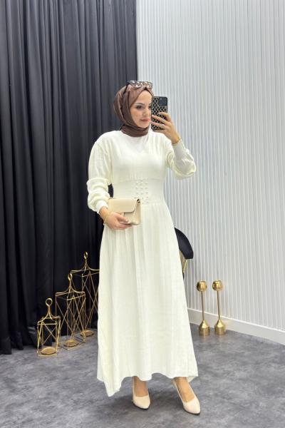 İnci Detay Elbise Kahverengi  Taş