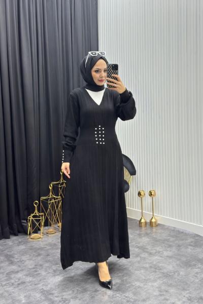 İncili Elbise Siyah Siyah