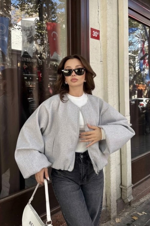 Kadın Kaşe Kumaş Bomber Ceket  Gri